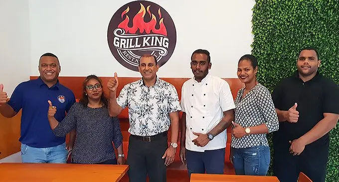 From left: Grill King Restaurant barista Bill Ratu, manager Keshni Lata, owner and Director Mr Raj Sant, chef Aryan Mani, barista M.J Waqabaca and chef Abraham Turaga following the soft opening of the restaurant on May 27, 2022. Photo: Nicolette Chambers