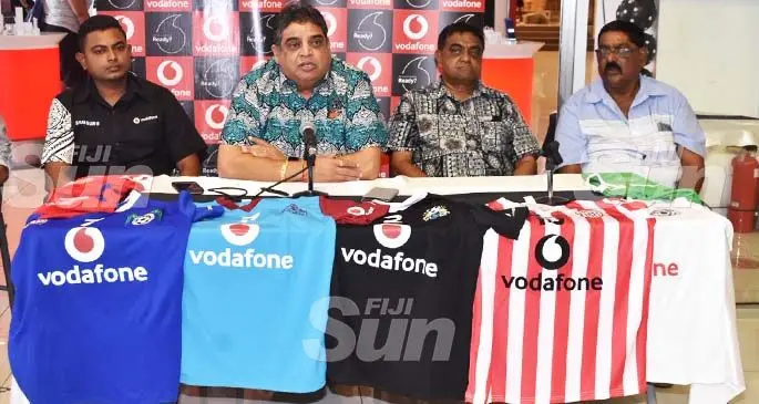 From left: Fiji Football Association vice-president Aiyaz Musa, Vodafone Fiji territory executive manager Kishwant Kishore, Fiji FA president Rajesh Patel, National League chairman Yogeshwar Singh,vice-president Jitendra Kumar at the launch at the Tappoo City in Lautoka on January 24, 2020. Photo: Waisea Nasokia