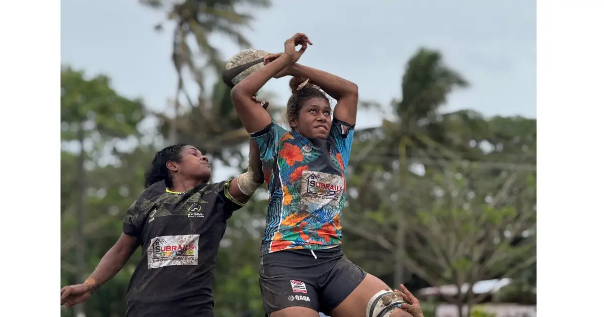 Suva and Kadavu locks flight for lineout possession during their Subrails Marama Cup round six match at Suva Grammar School grounds.