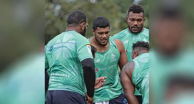 Swire Shipping Fijian forwards (from left) Livai Natave (back to camera), Leone Rotuisolia (obscured), Zuriel Togiatama, Elia Canakaivata and Mesake Doge (back to camera) during training in Sydney, Australia, on May 18, 2023. Photo: Fijian Drua