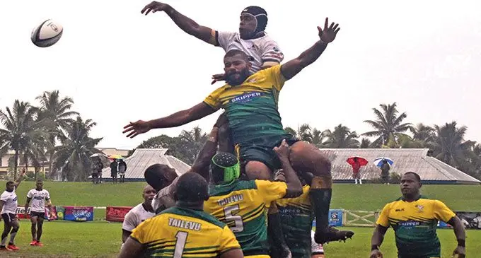 Tussle in the air ...Tailevu and Nadroga jumpers in an aerial battle during their Skipper Cup match at Lawaqa Park on March 19, 2022. Nadroga won 29-14.Photo: Waisea Nasokia