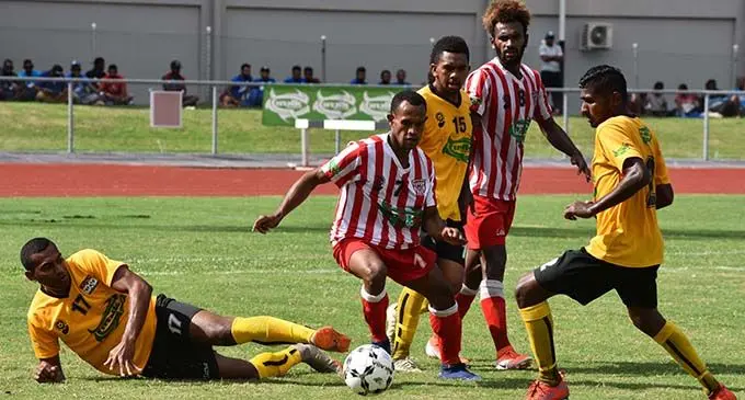 Labasa midfielder Inia Vetaukula in control against Tavua during the INKK Mobile Battle of the Giants at Churchill Park, Lautoka on August 4, 2019. Photo: Waisea Nasokia