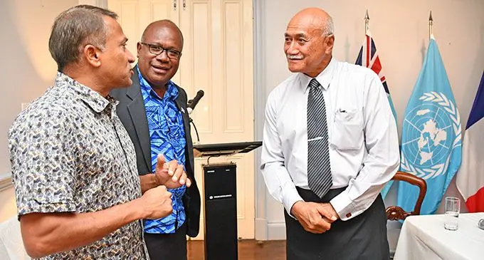 From left: UN Resident Coordinator for Fiji Sanaka Samarasinha, Fijian diplomat Amena Yauvoli and President Major-General (Ret’d) Jioji Konrote at the French Ambassador’s residence in Suva. Photo: DEPTFO News
