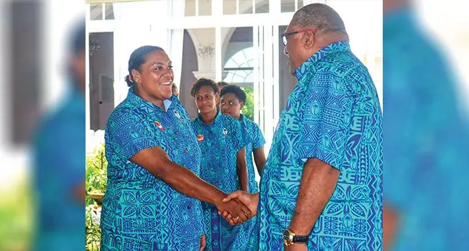 From the left: Rooster Chicken Fijiana Drua prop Siteri Rasolea meets the President Ratu Wiliame Katonivere at The State House in Suva on March 16, 2023. Rasolea was one of the Fijiana standout players at last year’s Women Rugby World Cup Photo: DEPTFO