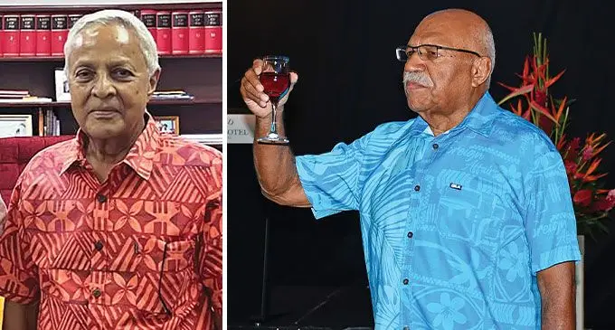 Former Prime Minister Mahendra Chaudhry (left) and Prime Minister Sitiveni Rabuka toasting during the special dinner at the Grand Pacific Hotel with Government Members of Parliament (MPs) and their spouses on July 30, 2024. Photo: DEPTFO News