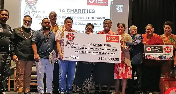 Vodafone ATH Fiji Foundation executives with representatives from charities at Crowne Plaza Fiji Nadi Bay Resort & Spa in Nadi. Photo: Mereleki Nai
