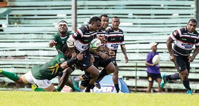 Naitasiri first five eight Peceli Nacebe (with ball) tries to escape a tackle from a Tailevu players during their Skipper Cup Round 2 clash at Ratu Cakobau Park, Nausori on March 9, 2024. Photo: Sereana Salalo