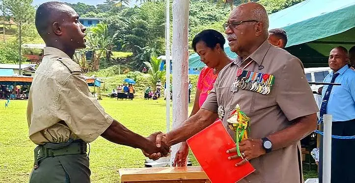 School Head Boy and Parade Commander, Natoni Sadrugu with the Prime Minister Sitiveni Rabuka during his visit to Saqani High School in Cakaudrove on May 8, 2023. Photo: Sampras Anand 