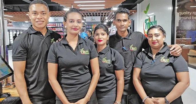 Staff members of the newly opened Fresh Choice supermarket in Walu Street, Lautoka, from left: Ilimo Yamato, Salma Bano, Jyotika Ratnam, Shabana Nisha and Ravi Kumar on March 26, 2021. Photo: Susana Hirst-Tuilau