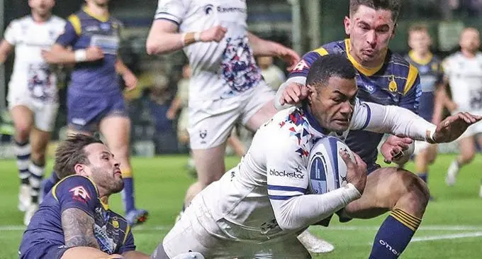 Fijian- born Bristol Bears winger Siva Naulago scores one of his three tries in the Premiership Rugby clash against Worcester Warriors at the Sixways Stadium in England on March 6, 2021.  Photo: Bristol Live