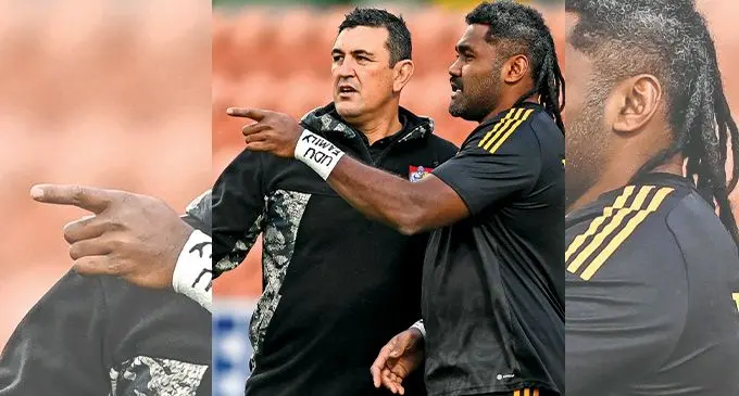 Gallagher Chiefs head coach Clayton McMillan (left) with No.8 Pita Gus Sowakula as they prepare for today’s clash against the Fijian Drua at Churchill Park, Lautoka. Photo: Fijian Drua