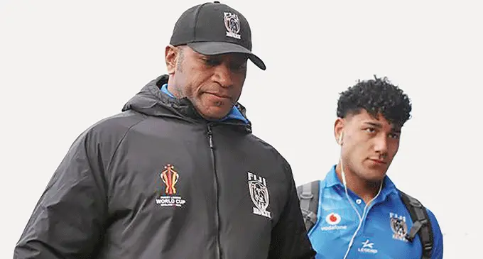 From left: Interim Vodafone Fijian Bati coach Wise Kativerata and forward Siua Wong in Hull, England, on October 27 2022. Photo: FNRL