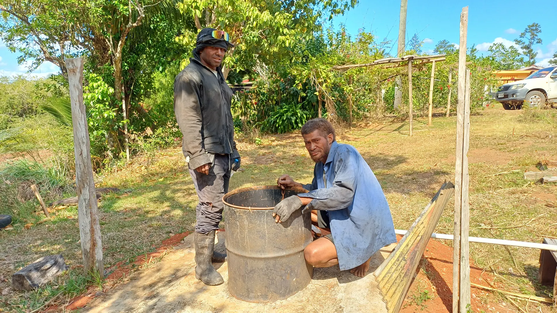 Sugarcane labourers Kevarieli Nacuru and Viliaseri Matebalavu looking at dried up well at Tabia, Labasa on October 21, 2026. 