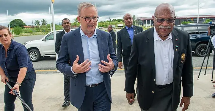 Prime Minister Sitiveni Rabuka welcomes Australian counterpart Anthony Albanese to Fiji as he tours the Australian-funded Black Rock Camp in Nadi on March 15, 2023. Photo: Leon Lord