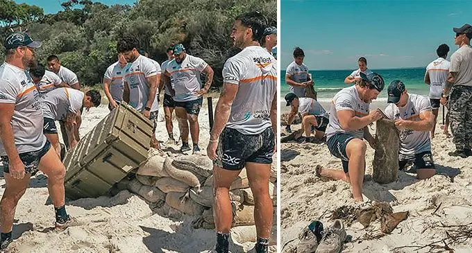 Brumbies players undergoing training with the HMAS Creswell of the Royal Au stralian Navy at Jeris Bay on January 18, 2025. Photo: Brumbies