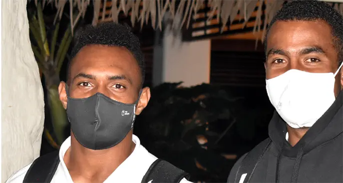 Team Fiji men’s rugby sevens players Sireli Maqala (left) and Kitione Taliga at the Sofitel Fiji Resort and Spa in Denarau on July 30, 2021. Photo: Waisea Nasokia
