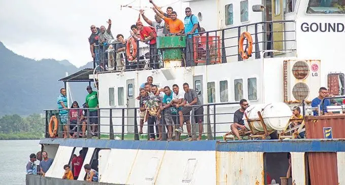 Rewa Rugby Union players and officials show the trophy on the Goundar Ferry as they left for Lakeba from the Mua-i-Walu Port in Walu Bay, Suva, on December 13, 2020. Photo: Leon Lord 