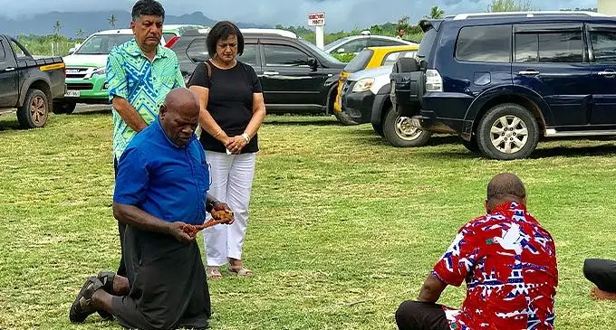 Minister for Sugar and Multi-Ethnic Affairs Charan Jeath Singh accompanied by his wife Doctor Nandita Singh were traditionally welcomed by the people of Wailevu Village near Labasa Airport on January 10, 2023. Photo: Shratika Naidu