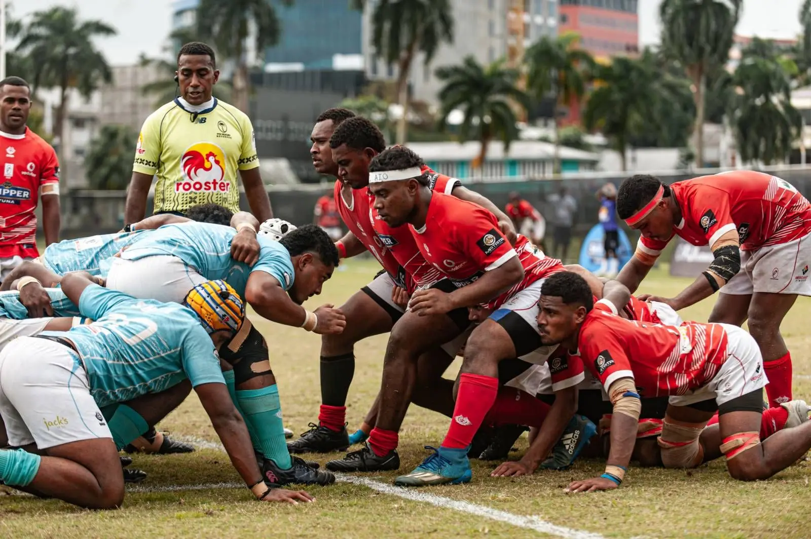 Scrum time for Suva and Macuata Under-20 forwards during their Skipper Cup U20 quarterfinals at Albert Park, Suva, on June 8, 2024. Photo: FRU Media 