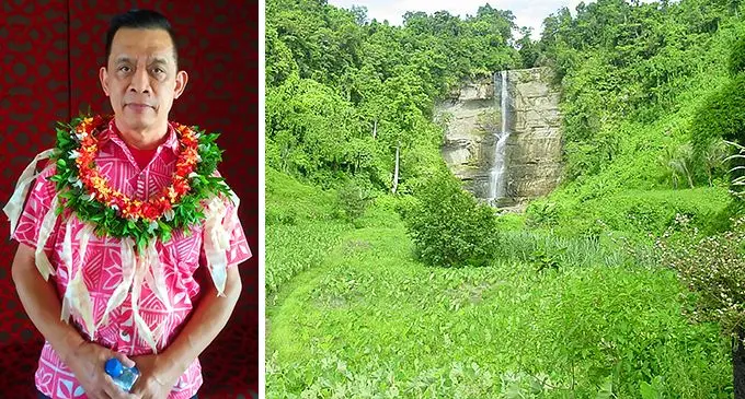 Elrico Munoz and the Wainuta Falls in the interior of Namosi.