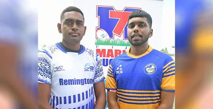 From left; Anand Sami and Rohit Lal during the captains photo shoot of the Fiji Bitter Marist Sevens tournament at the HFC Bank Stadium in Suva on March 15, 2023. Photo: Ronald Kumar