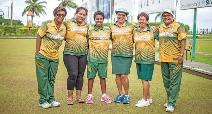 Tamavua women’s bowling team (from left) Talei Draunidalo, Maggie O’Conner, Emele Sigarara, Litia Tikoisuva, Sarote Hiagi and Losalini Talei after they took out the women’s competition of the Shop N Save’s Hutson Cup at the Suva Bowling Club on April 4, 2021. Photo: Leon Lord  Photo: Laisa Lui