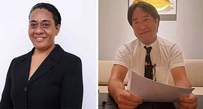 National Federation Party general secretary Seni Nabou and former NFP candidate Hiroshi Taniguchi.