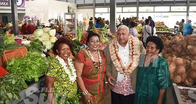 From left: Viniana Liku, Angie Prasad, Prime Minister Voreqe Bainimarama and Mere Driu during the opening of the new Namaka Market on February 28, 2020. Photo: Waisea Nasokia