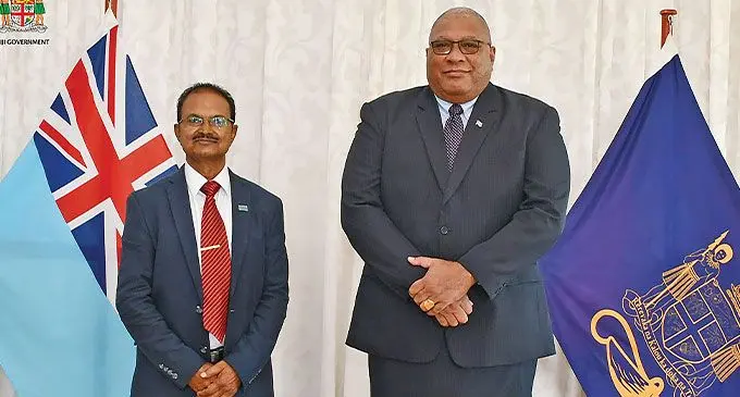 Fiji’s newly-appointed High Commissioner to India, Jagnnath Sami and President Ratu Wiliame Katonivere. Photo: DEPTFO News