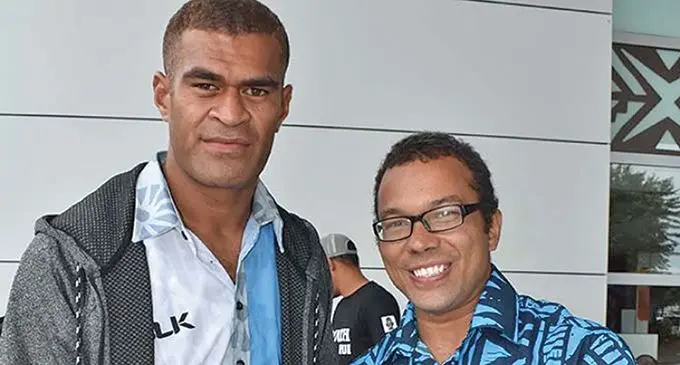 Fiji Airways Fijian Drua fullback Enele Malele with Trevor Cleary at the Nadi International Airport on April 22, 2019. Photo: Waisea Nasokia