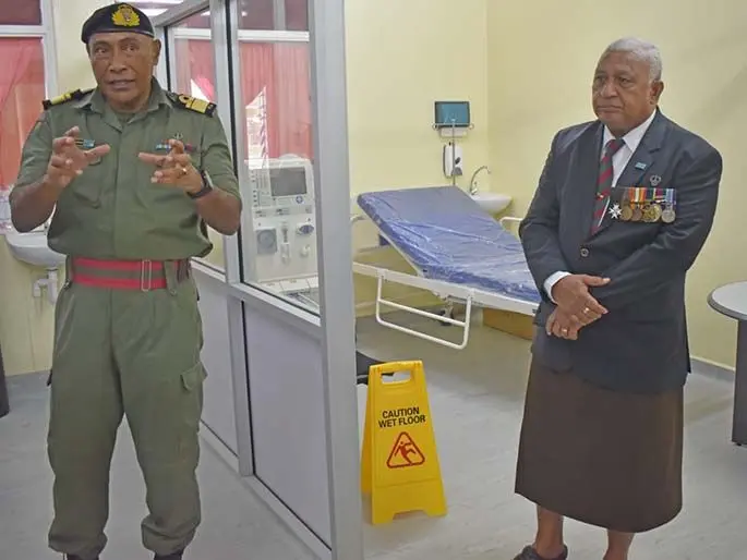 Left: Republic of Fiji Military Forces Commander Rear Admiral Viliame Naupoto and Prime Minister Voreqe Bainimarama inside the RFMF’s new Intensive Care Unit at the Queen Elizabeth Barracks in Nabua on June 23, 2020. Photo: OPM