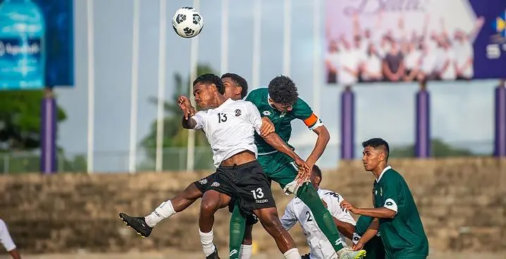 Baby Bula Boys Peni Masipopi in an aerial battle for possession against Cook Islands during the OFC U17 Championships at the HFC Bank Stadium on January 22, 2023. Photo: Leon Lord