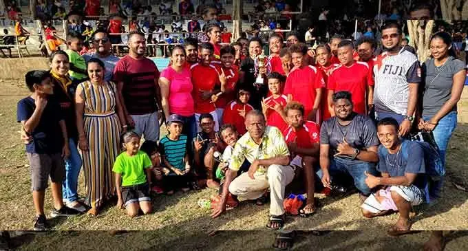 The winning Sangam Sadhu Kuppuswamy Memorial College team management and supporters on July 23,2022. Photo: Waisea Nasokia.