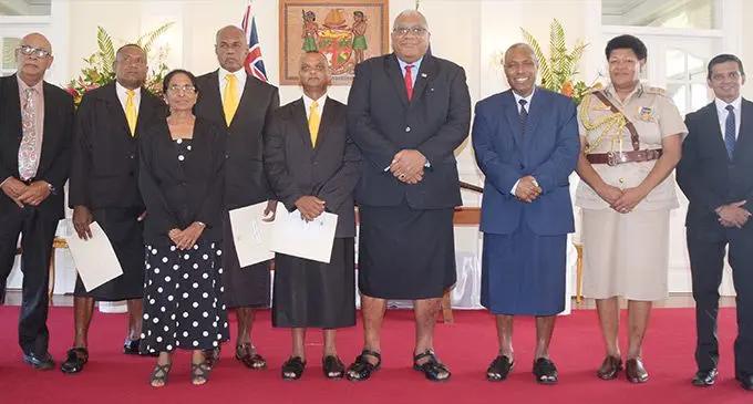From left: Mercy Commission member Ben Hazelman, former inmate Veremo Masidole, MC member Sitamma Venkatappa, former inmates Iliesa Duvuloco and Albertino Shankar, President Ratu Wiliame Katonivere, Attorney-General and Mercy Commission Chairman Siromi Turaga with Fiji Corrections Service acting Commissioner Salote Panapasa during the Presidential Pardon ceremony at the State House on March 9, 2023. Photo: Ronald Kumar