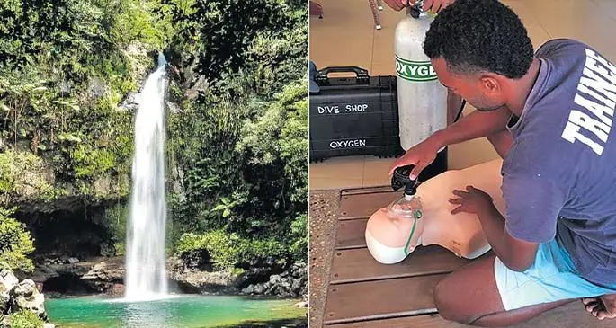 Tavoro Waterfall in Taveuni (Left) and Ra Diver’s divemaster Timoci Vunisa (Right).