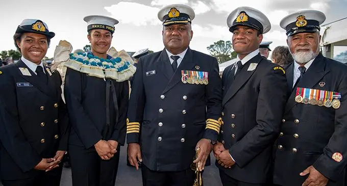 From left: RFMF Naval Division Commander Captain (Navy) Humphrey Tawake and WO1 Sitiveni Jitoko with new graduates after the combined Graduation Parade at the Royal New Zealand Navy at Devonport Naval Base, New Zealand on June 15, 2019.  Photo: Royal New Zealand Navy 