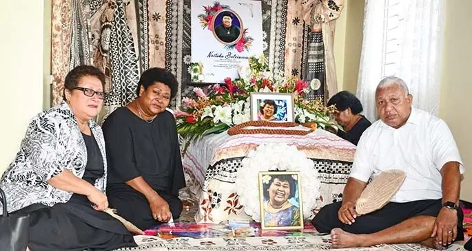 Prime Minister and Minister for Foreign Affairs Voreqe Bainimarama (right), Mary Bainimarama (left) and Bulou Naitoko’s sister Rusila Baleisuva Dradra at the family’s Nepani home on January 25, 2021. Photo: Office of the Prime Minister