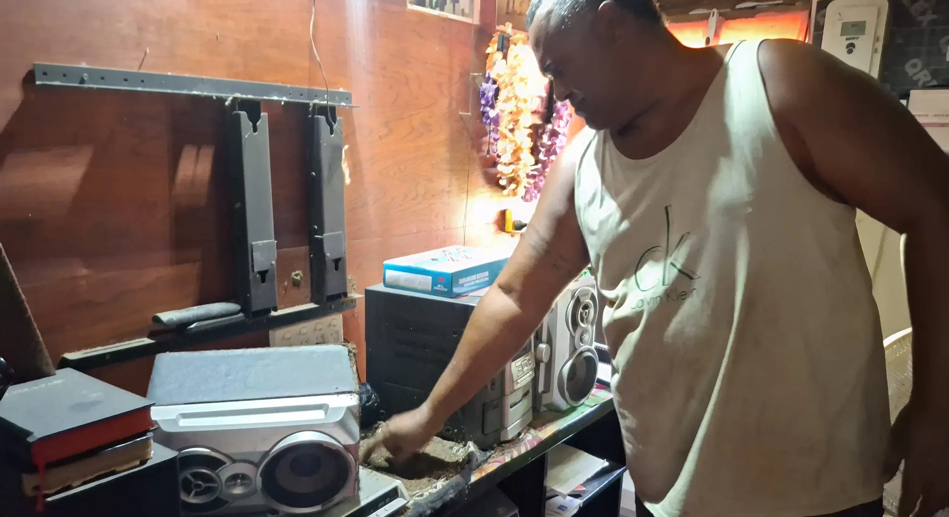 Ratu Sione Ravusoni, 47, lives with his wife, eldest son, daughter-in-law, grandchild and three school-aged children in a makeshift shed.