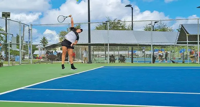 Team Fiji women’s tennis rep Ruby Coffin in action during the Northern Marianas Pacific Mini Games in Saipan on June 18, 2022. Photo: FASANOC