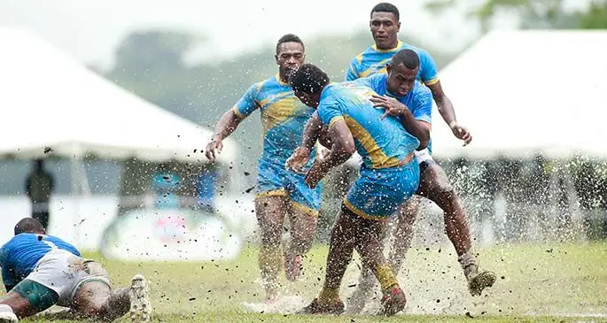 Robust Police Blue prop Rusiate Nasove takes on Eastern Saints the Cup quarterfinal of the Super Sevens Series at Ratu Ganilau Park, Savusavu, on March 20, 2021. Photo: FRU Media