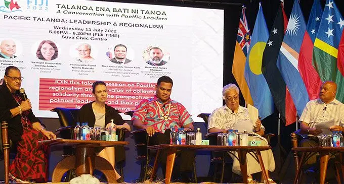 51st Pacific Islands Forum Leaders Meeting talanoa session (from left) moderator - Dr. Audrey Aumua, New Zealand Prime Minister Jacinda Ardern, Tuvalu’s Foreign Minister Simon Kofe, Samoan Prime Minister Fiame Naomi Mata’afa and Federated States of Micronesia’s President, David Panuelo at the Civic Centre in Suva on July 13, 2022. Photo: Ronald Kumar