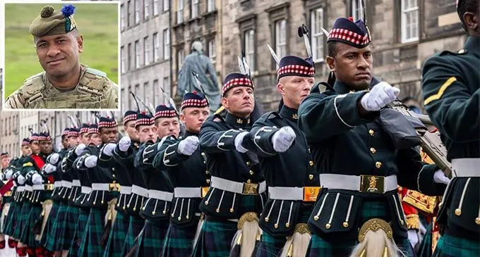 Highlander Pateresio Nakailoma Acareva (second from right/top inset), a British Army soldier, during the proclamation of King Charles III at Edinburgh, Scotland.