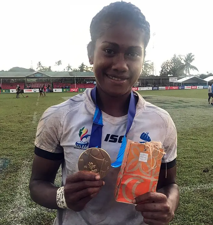 Team Fiji women’s 7s rep Tokasa Seniyasi shows her gold medal at the Pacific Games in Apia, Samoa on July 13, 2019. Photo: Anasilini Natoga