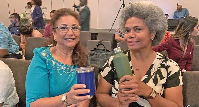 Fiji  Hotel and Tourism Association  chief executive officer,  Fantasha  Lockington,  with Assistant Minister for Environment,  Lenora  Qereqeretabua, at the Global Recycling Day 2023 talks at Sheraton  Fiji Golf and  Beach Resort. 