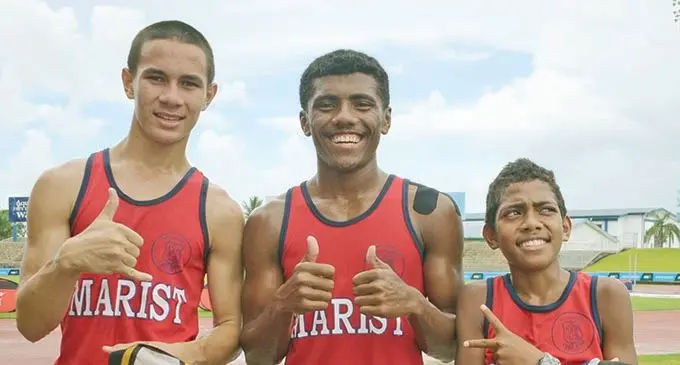 Marist Brothers High School runners (from left) 3000m open boys’ bronze medallist Zachaeus Smith, gold medal winner, Masibana Navunicagi and John Ting during the Suva  Zone Two event at the ANZ Stadium, Suva, on March 4, 2021. Photo: Ronald Kumar