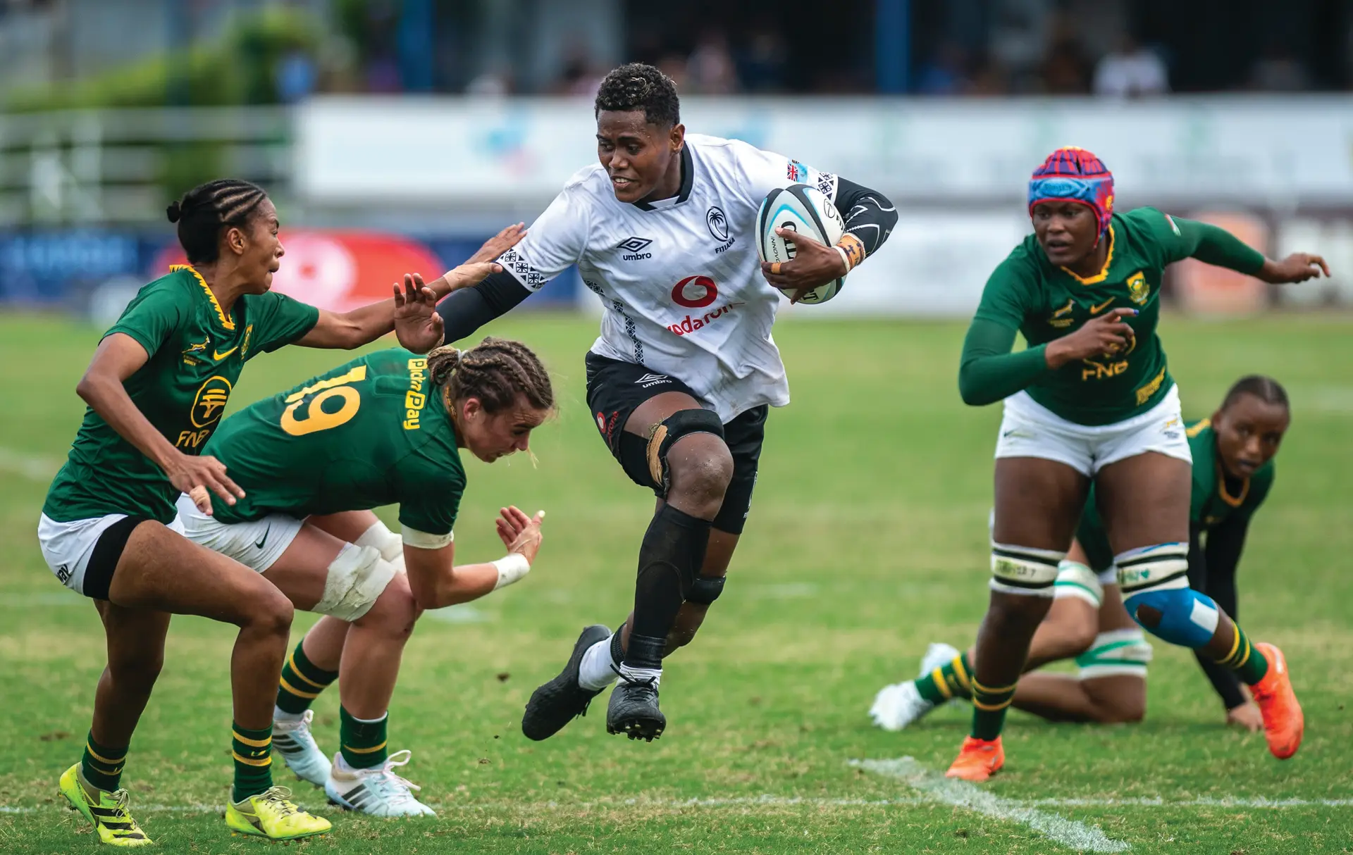 Part of the rugby action between the Springbok women and Vodafone Fijiana during their first test match in the Ubuntu-Bula Test Series, 2026, at Suva’s HFC Bank Stadium on August 8. South Africa won 55-12.  