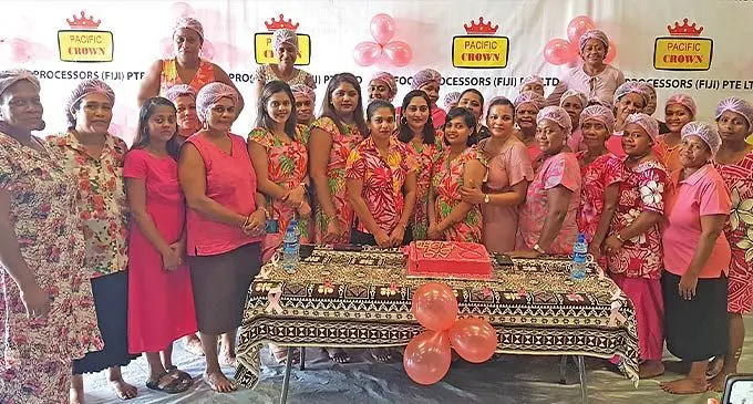 Management and Staff of Fiji Food Processor Fiji Limited observing Pinktober at the factory in Vatuwaqa on 20 October 2022. Photo: Viliame Tawanakoro