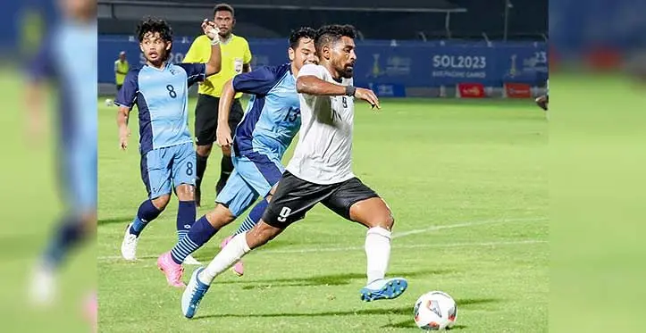Team Fiji men’s football star striker Roy Krishna controls the ball in their group opener of the Sol2023 Pacific Games against Northern Marianas. Roy scored three goals in their 10-0 victory at the SIFF Academy ground in Honiara on November 18, 2023. Photo: Sereana Salalo