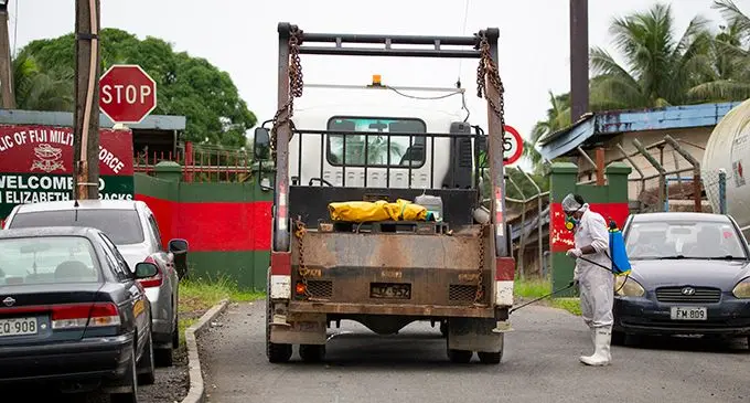 Republic of Fiji Military Forces back gate after lockdown in Nabua on May 25, 2021. Photo: Leon Lord