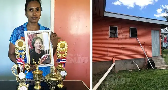 From left-right: Mum Rohini Lal with photo of Jiya and her school awards and the backdoor where Jiya was stabbed. Photos: Ivamere Nataro